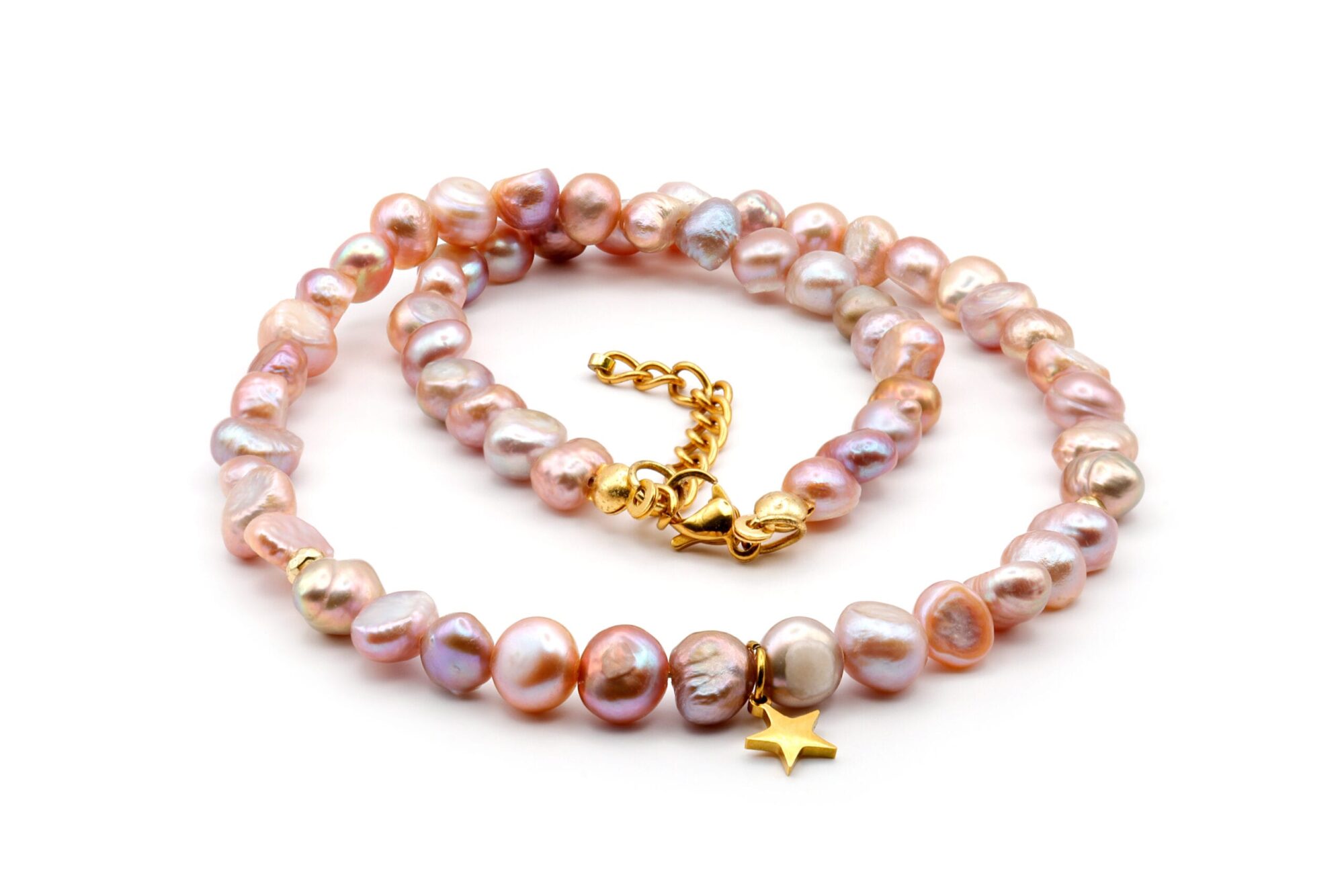 Moteriškas vėrinys su perlais, paauksuotu nerūdijančio plieno akcentu, hematitu.